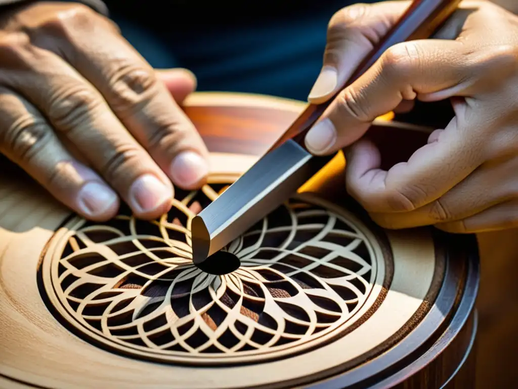 Un luthier experto talla el rosetón de una bordonua puertorriqueña, mostrando la historia y construcción de la bordonua con maestría y tradición