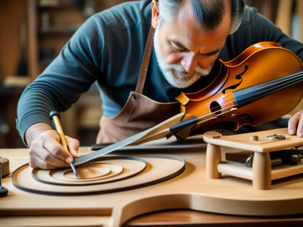 Un luthier experto talla con maestría un contrabajo, rodeado de herramientas de su oficio