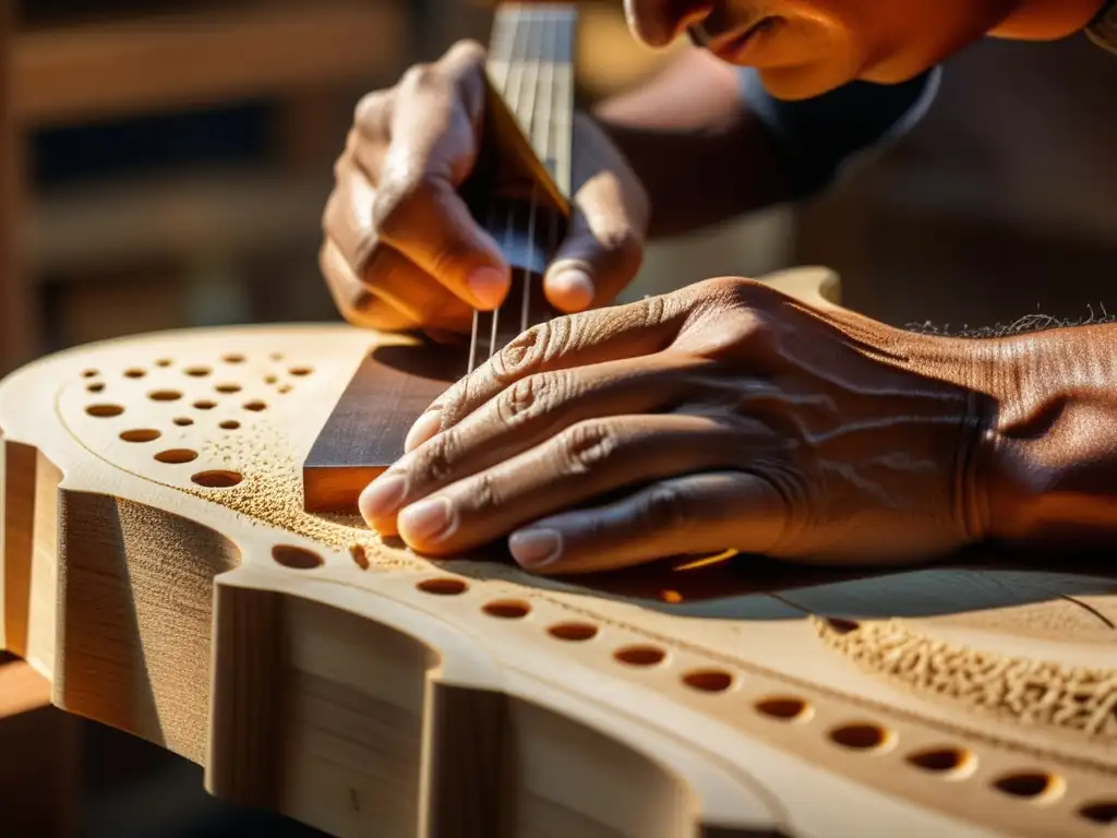 Un luthier experto talla con precisión la guitarra siete cuerdas choro brasileño, resaltando la artesanía y la herencia cultural