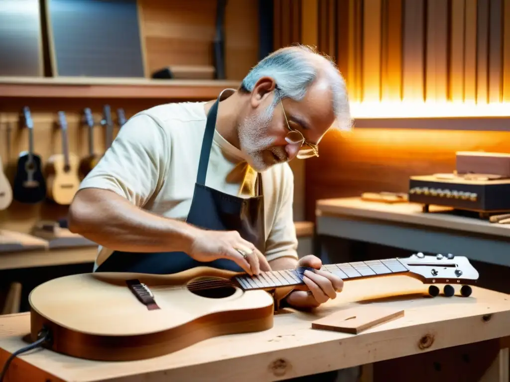 Un luthier experto talla meticulosamente el cuerpo de una guitarra de madera reciclada en un taller lleno de materiales reutilizados