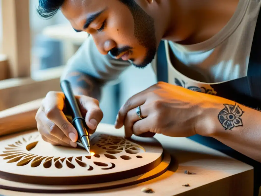 Un luthier experto talla con pasión el cuerpo de un instrumento digital, con madera esparcida en su taller