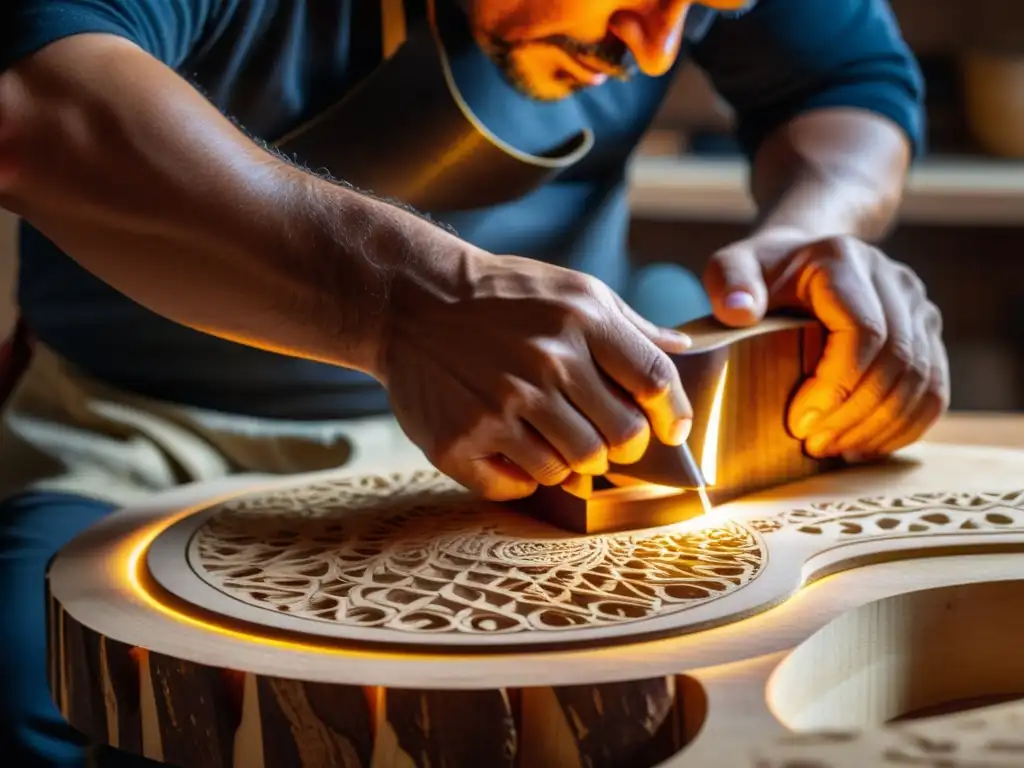 Un luthier experto talla con cuidado una guitarra flamenca, destacando las raíces y relevancia cultural en su meticuloso trabajo artesanal