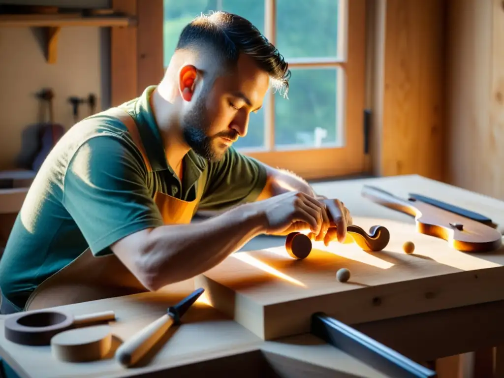 Un luthier experto talla con cuidado un bloque de abeto en una forma de violín