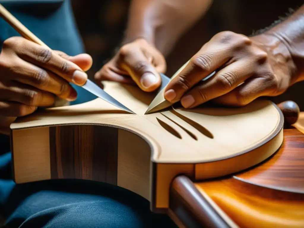 Un luthier experto talla con cuidado el Cuatro Venezolano, resaltando la historia y construcción de este instrumento tradicional