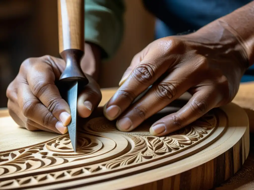 Un luthier experto talla con precisión las curvas de un cuatro puertorriqueño, mostrando la historia y sonido del instrumento