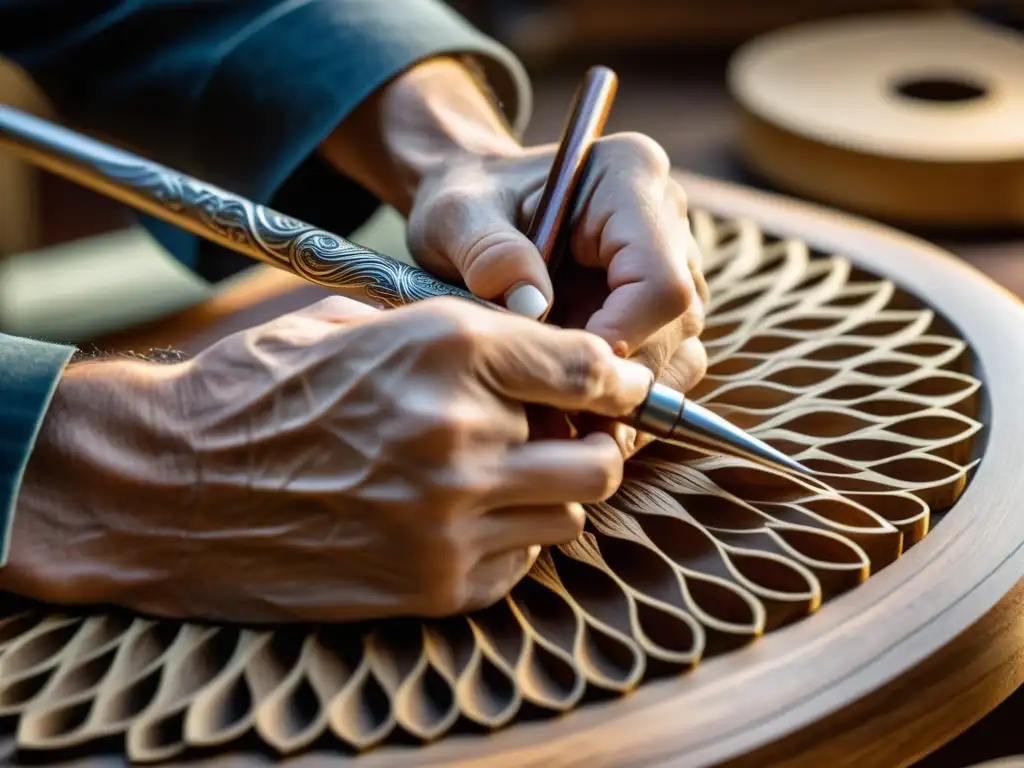 Un luthier experto talla con dedicación un aerófono, mostrando la tradición y arte en la construcción de aerófonos impacto cultural