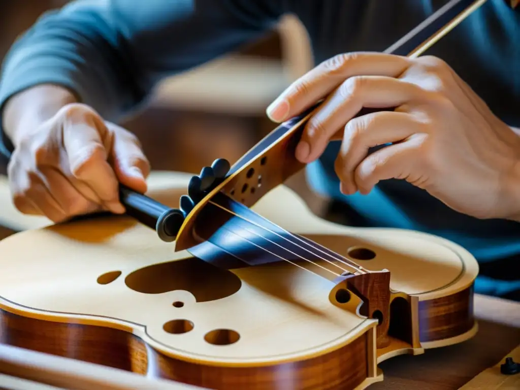 Un luthier experto talla con precisión las delicadas curvas de un violín, resaltando la artesanía y destreza en la creación de instrumentos de arco