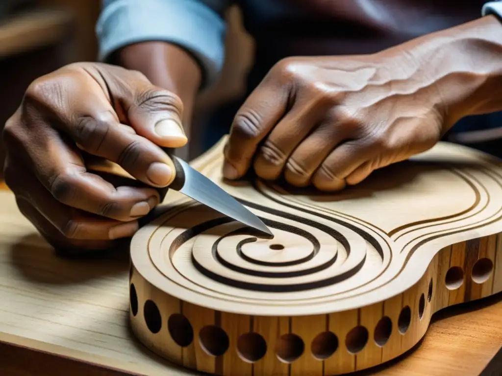 Un luthier experto talla con precisión las delicadas curvas de un Tiple colombiano, mostrando la artesanía y la historia de su construcción