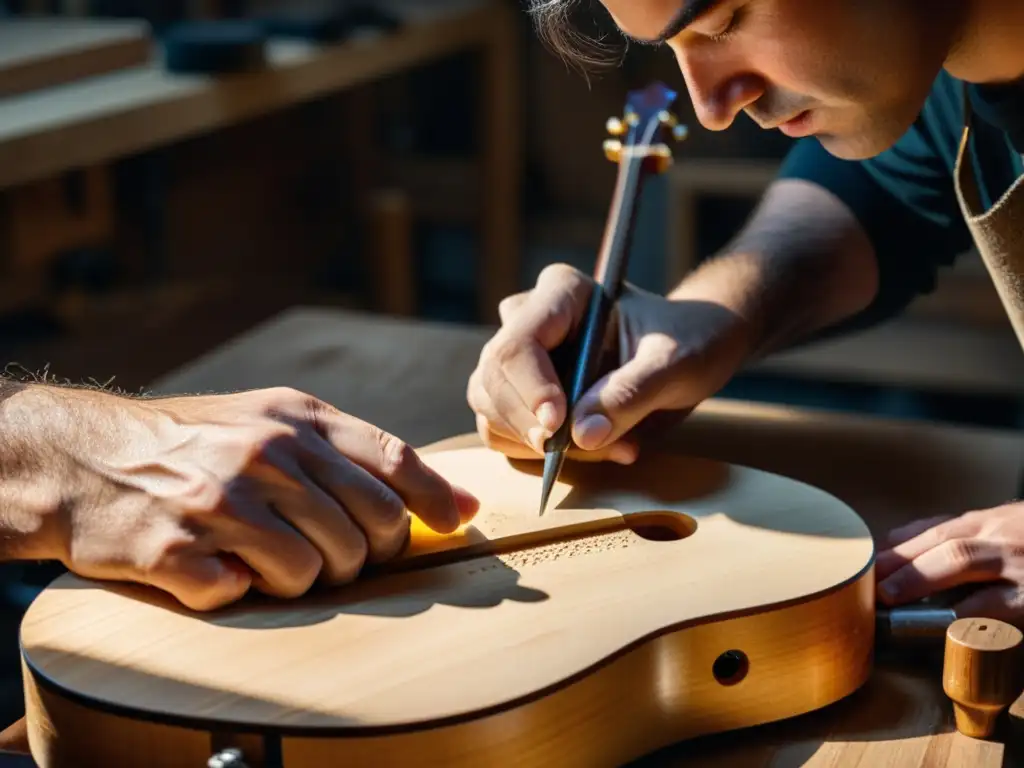 Un luthier experto talla con delicadeza una guitarra clásica en su taller, resaltando la importancia del silencio en acústica