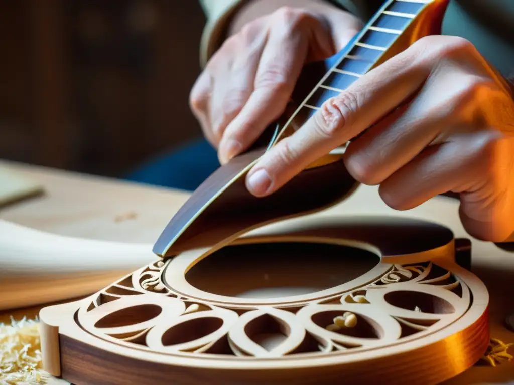 Un luthier experto talla con delicadeza el cuerpo de una mandolina, con virutas de madera suspendidas en el aire