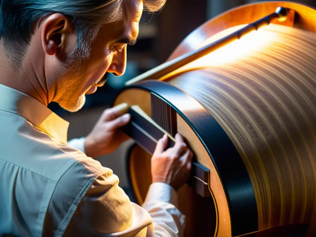 Un luthier experto talla con delicadeza el scroll de un contrabajo, iluminado por la cálida luz del taller