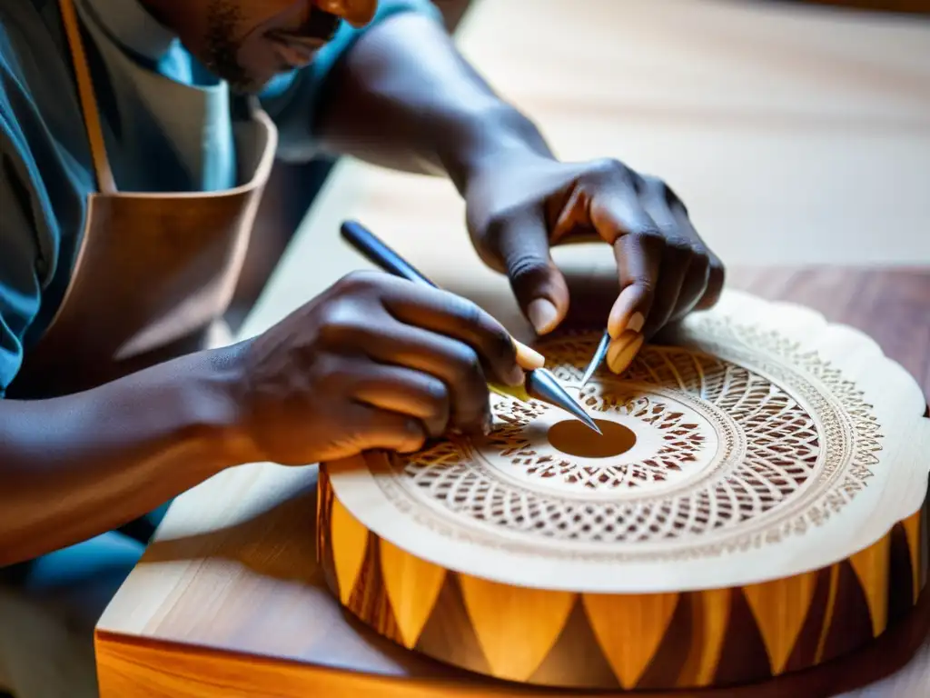 Un luthier experto talla delicados diseños en la lira, iluminado por la cálida luz de una lámpara