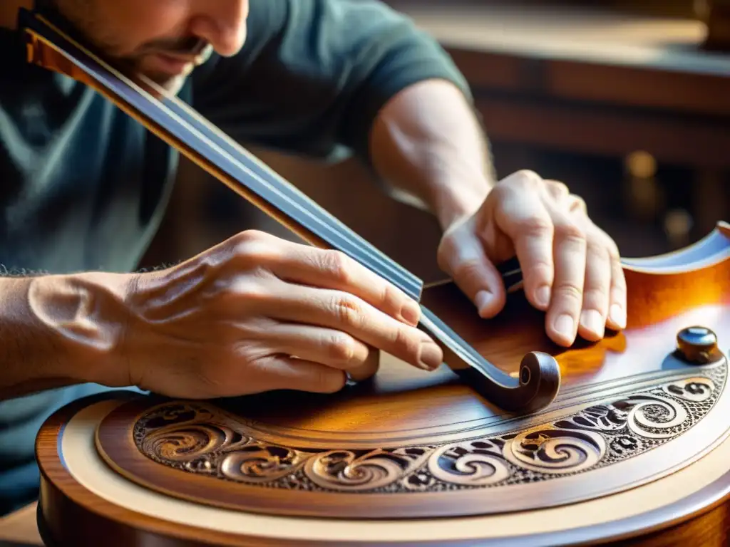 Un luthier experto talla delicados patrones en la tapa de un violín antiguo, iluminado por la cálida luz del taller