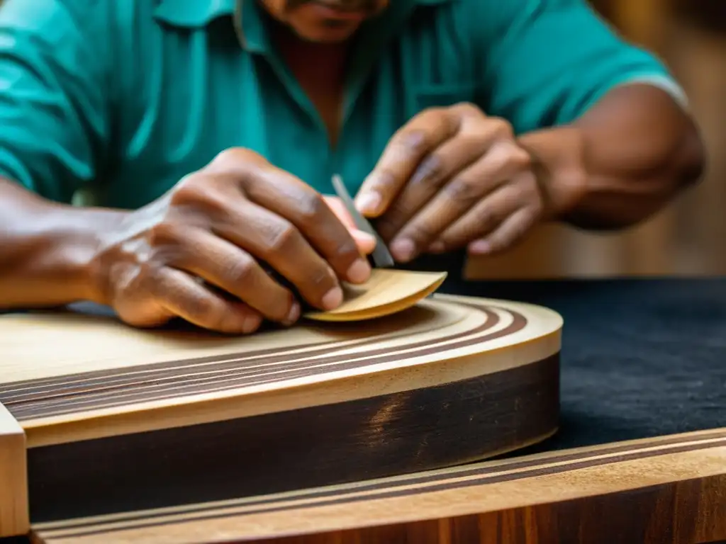 Un luthier experto talla con destreza las delicadas curvas de un cuatro venezolano, mostrando la historia y construcción del instrumento