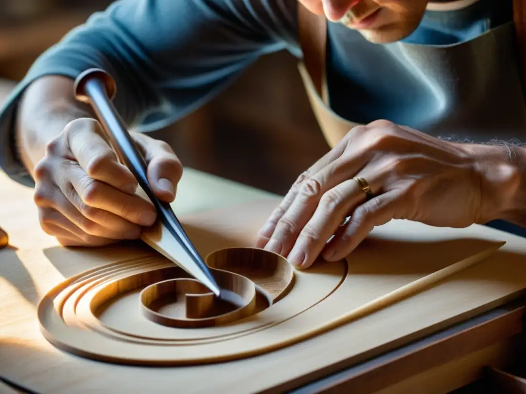 Luthier tallando con maestría un violín a la luz natural Un luthier experto talla con destreza la espiral de un violín, bañado en luz natural, capturando la esencia de la genealogía de instrumentos musicales