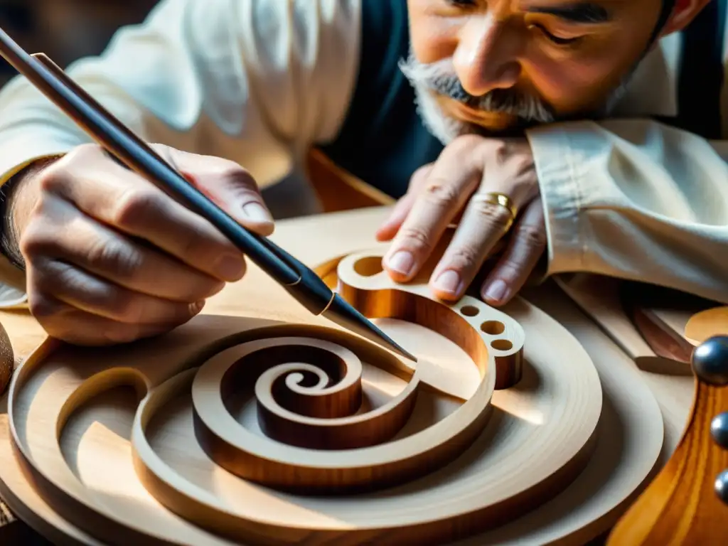 Maestro luthier esculpe con precisión el violín Un luthier experto talla con destreza la genealogía de instrumentos musicales en un violín, rodeado de herramientas y virutas de madera