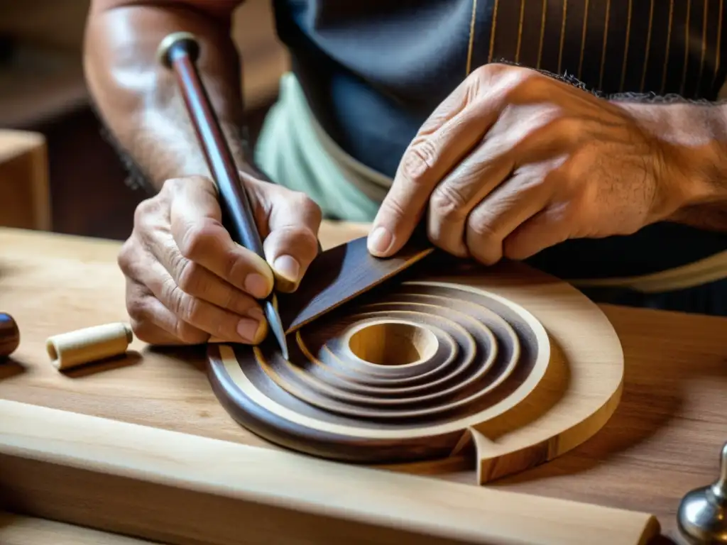 Un luthier experto talla con destreza el cuerpo de un Tzouras griego, revelando su belleza y tradición artesanal