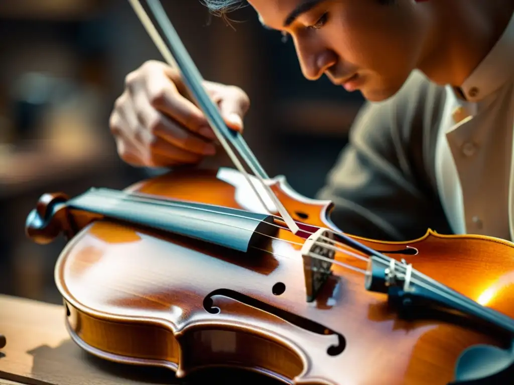 Un luthier experto talla con destreza las curvas de un violín Stradivarius en un taller tradicional iluminado cálidamente