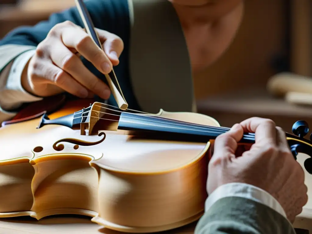 Un luthier experto talla con destreza un bloque de madera de abeto para la construcción de violines Stradivarius, mostrando su meticulosa artesanía