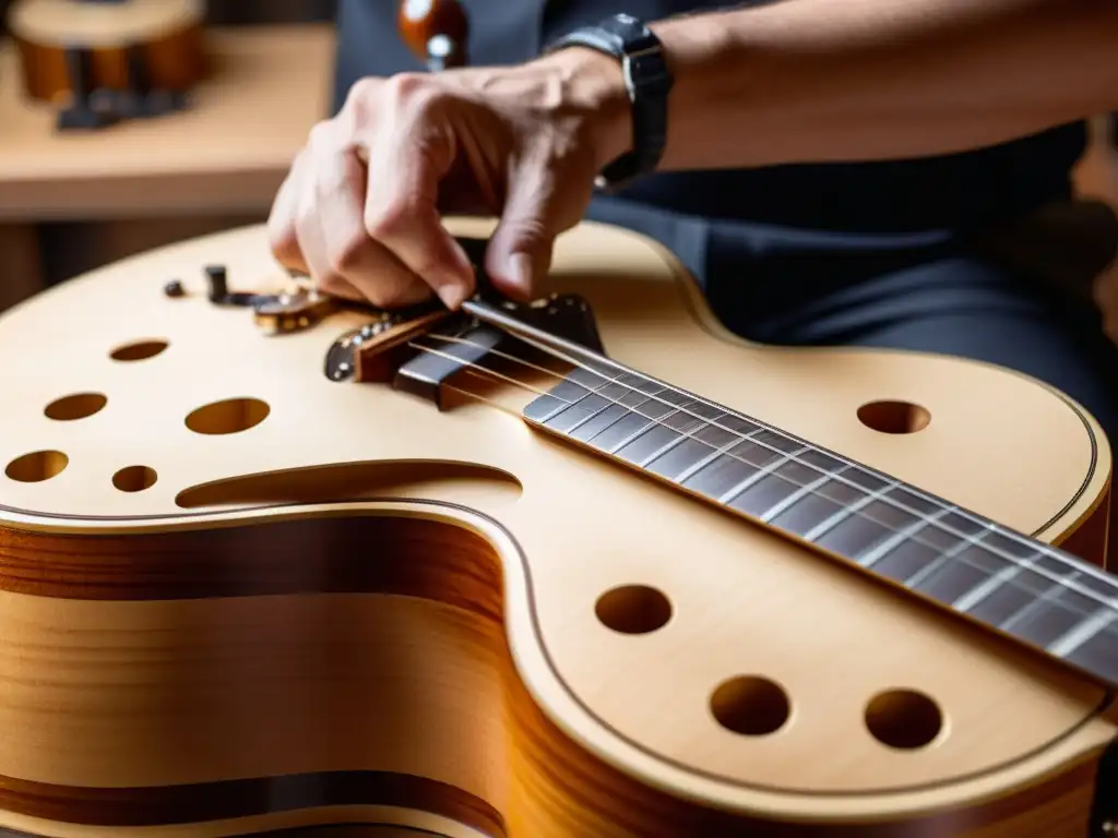 Un luthier experto talla detalladas Fholes en una guitarra de jazz, mostrando la influencia del jazz en guitarras eléctricas