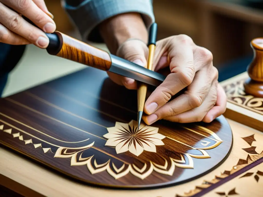 Un luthier experto talla con precisión y detalle en madera, mostrando la artesanía de la marquetería y la luthería moderna