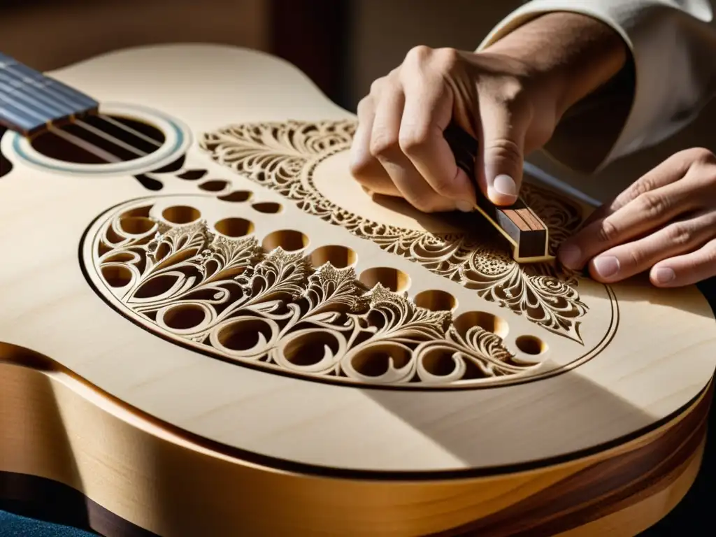 Un luthier experto talla detalles en guitarra personalizada, destacando la precisión y arte del Diseño de instrumentos musicales personalizados