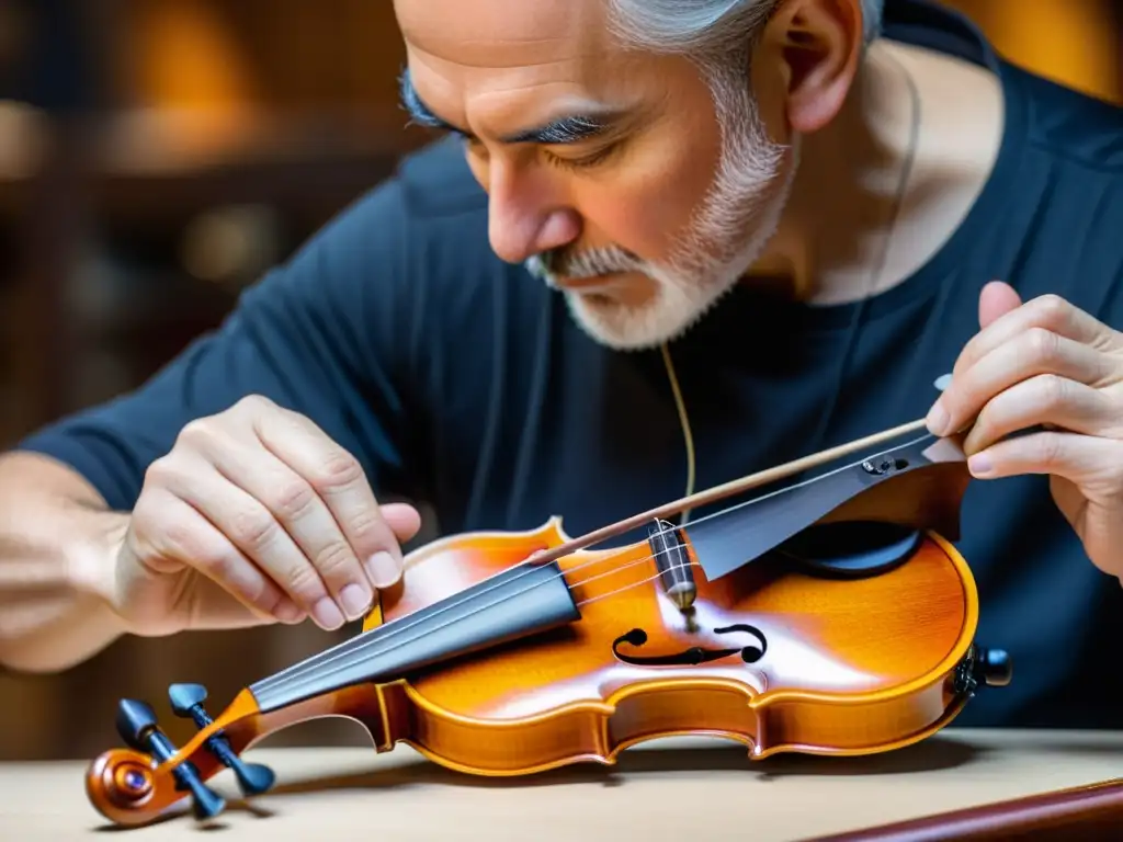 Un luthier experto talla con precisión el diseño de un violín eléctrico, mostrando la magia del diseño en instrumentos de arco eléctricos