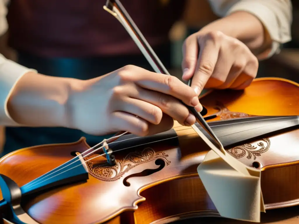 Un luthier experto talla diseños detallados en un violín en su taller de luthería instrumentos musicales, mostrando precisión y dedicación artesanal