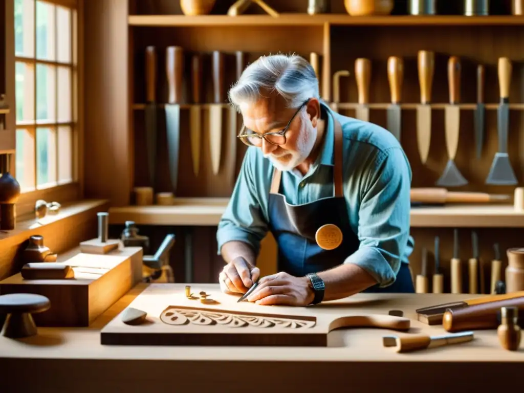 Un luthier experto talla diseños en madera, rodeado de herramientas, bañado por luz natural