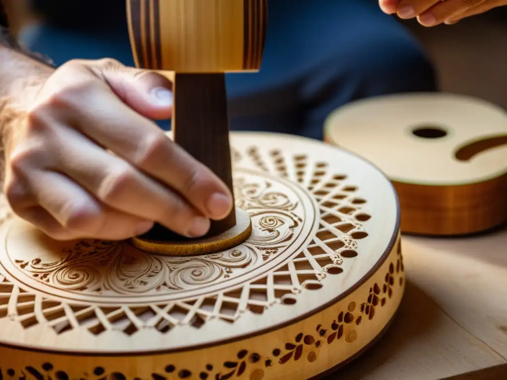 Un luthier experto talla diseños en una guitarra flamenca, mostrando la historia y la artesanía detrás de su construcción