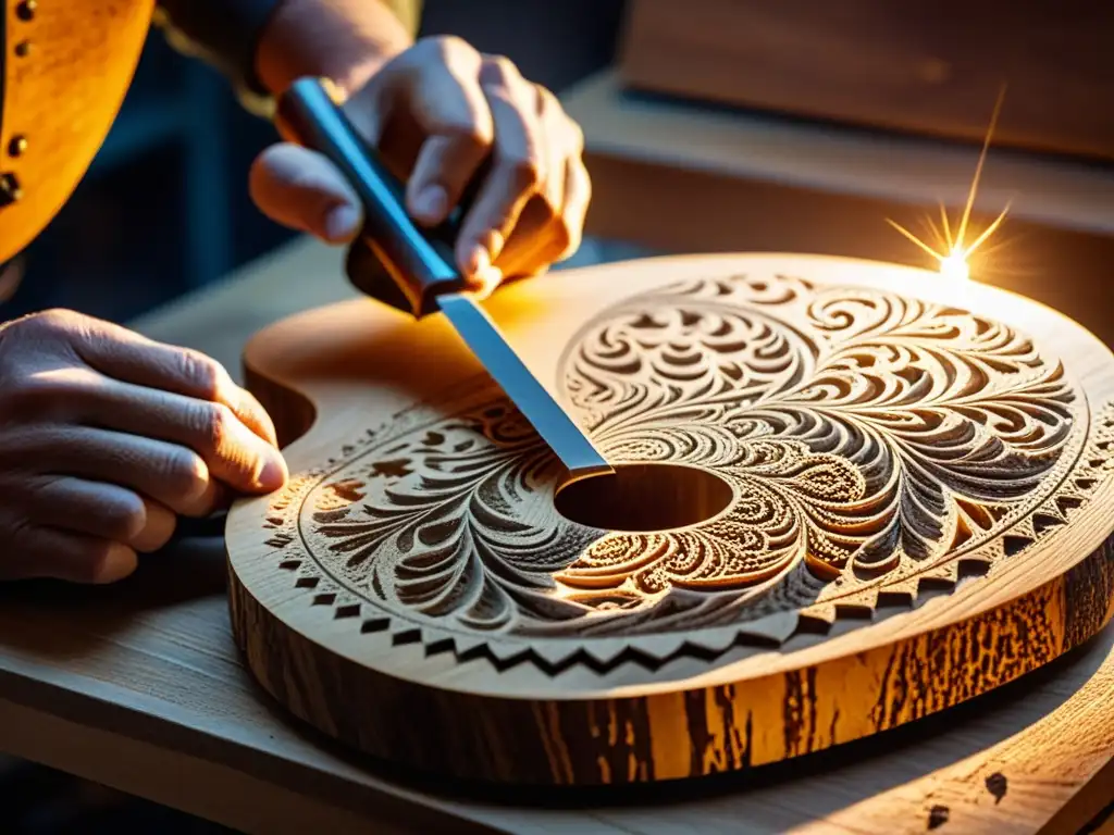 Un luthier experto talla diseños en una guitarra de madera reciclada, con partículas de aserrín suspendidas en el aire