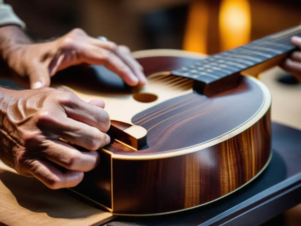 Un luthier experto talla diseños en madera de caoba para una guitarra flamenca, destacando la artesanía y la belleza natural de la madera