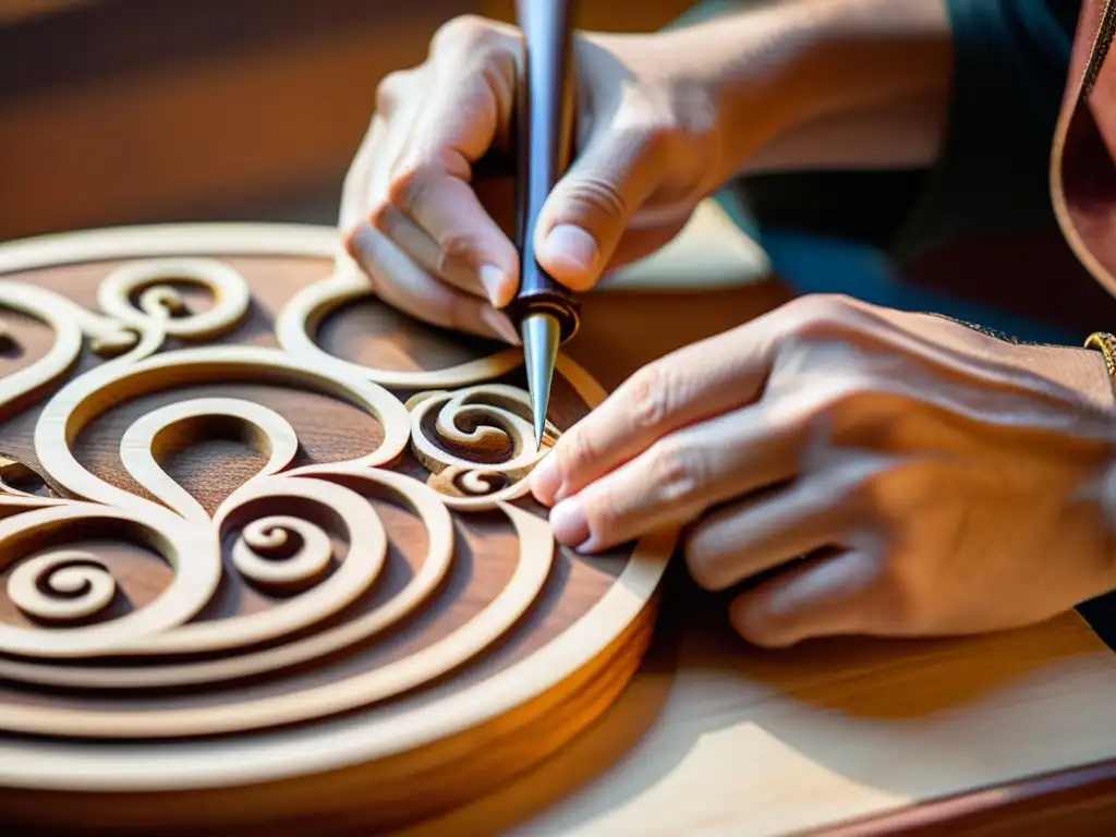 Un luthier experto talla diseños en un instrumento de cuerda, destacando la preservación del arte en instrumentos musicales