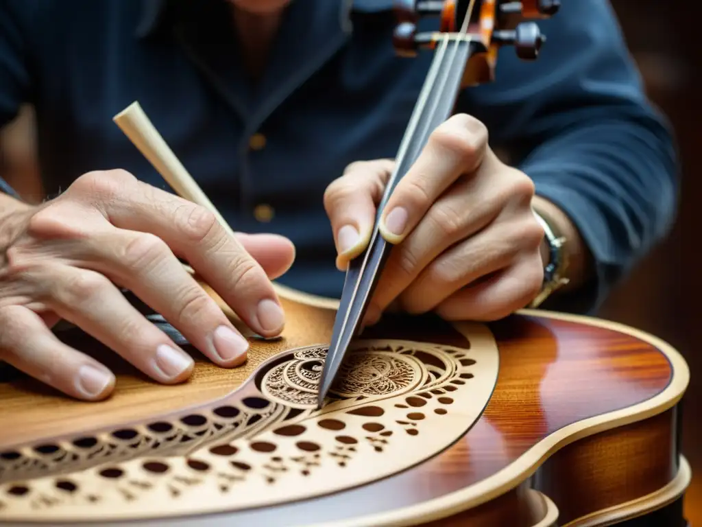 Un luthier experto talla diseños en la tapa de un violín artesanal, mostrando la preservación del sonido en instrumentos musicales