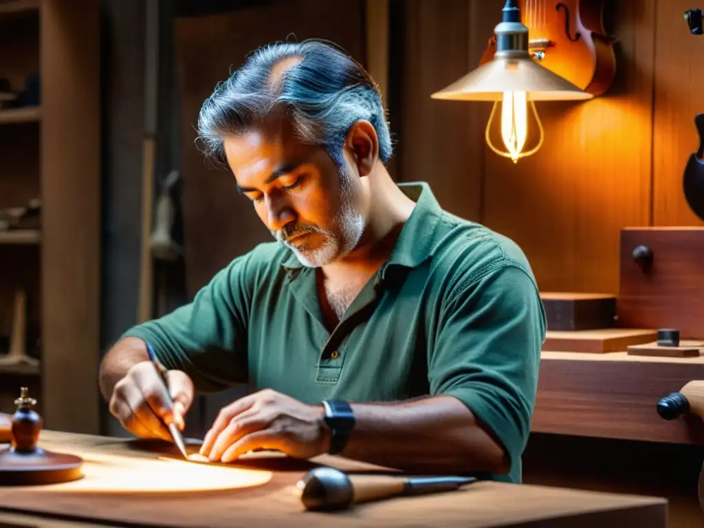 Luthier brasileño tallando una rabeca con destreza Un luthier experto talla diseños en una rabeca en su taller, exudando dedicación y artesanía en la construcción de la rabeca brasileña