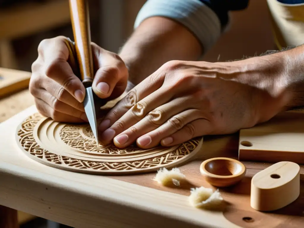 Un luthier experto talla diseños en la Tzouras griega, mostrando la artesanía y la historia detrás de su construcción