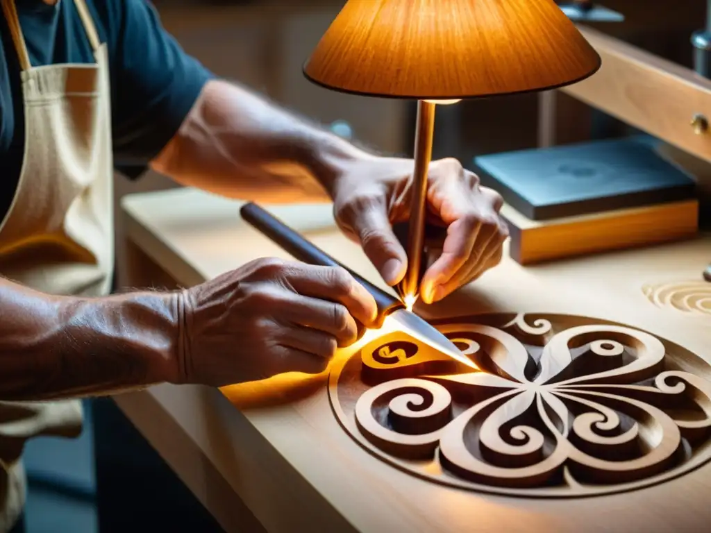 Un luthier experto talla diseños en madera de arce, iluminado por luces cálidas