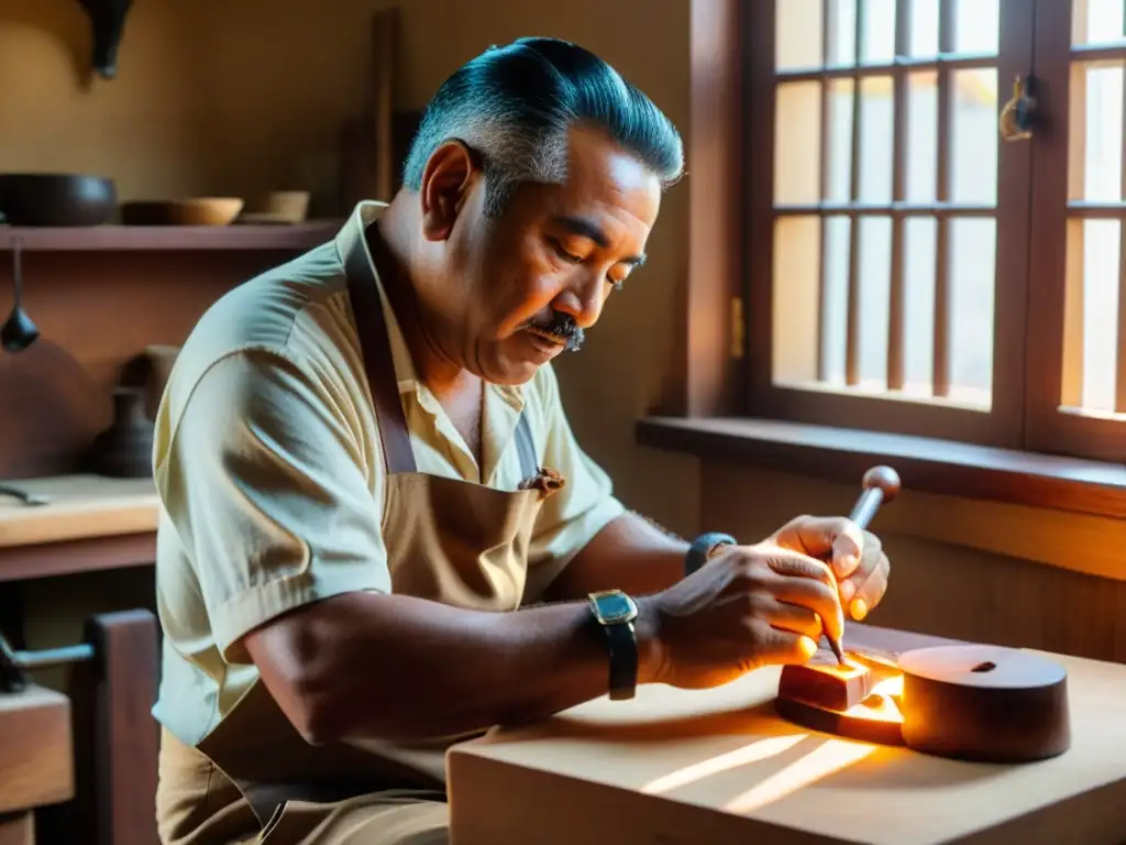 Un luthier experto talla con esmero el cuerpo de un Tres Cubano en madera oscura, con la historia y sonoridad del Tres Cubano en mente