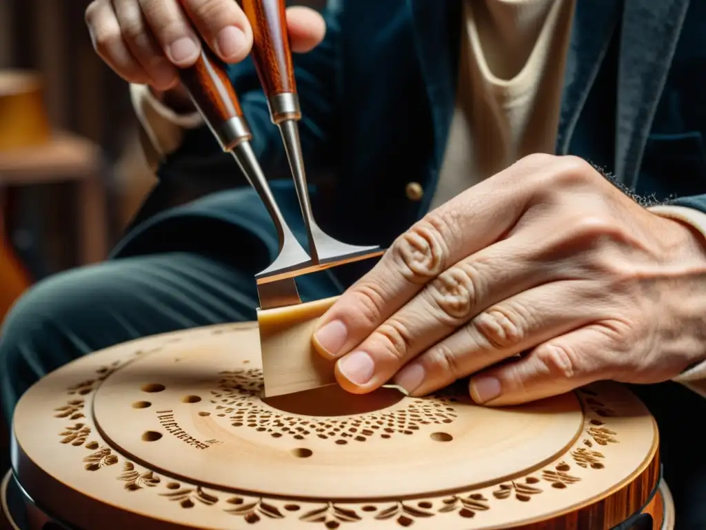 Un luthier experto talla con precisión los Fholes en la tapa de abeto de un contrabajo, mostrando la artesanía y la concentración