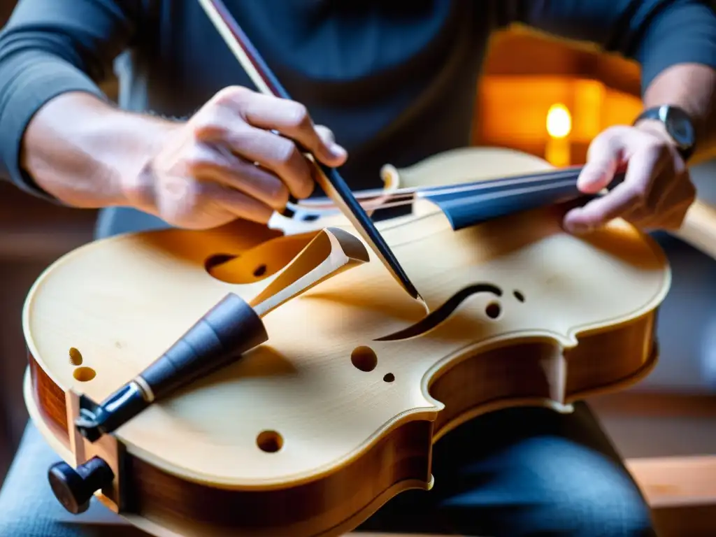 Un luthier experto talla con precisión las Fholes en la tapa de abeto de un violín, mostrando la importancia cultural de la madera en la luthería