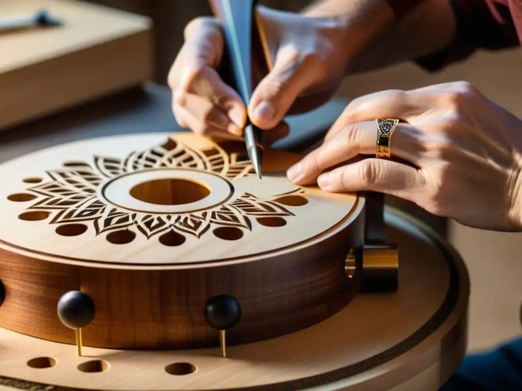 Un luthier experto talla detalladamente una guitarra clásica, destacando la roseta