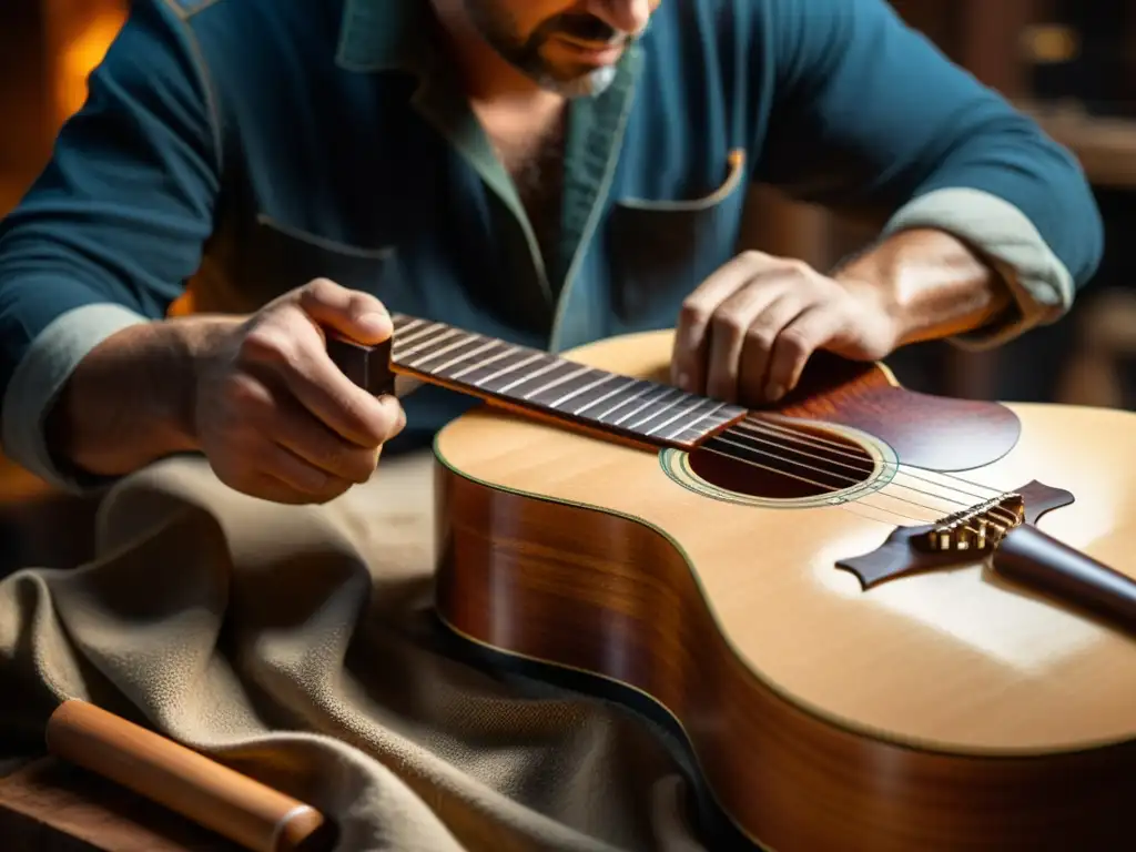 Un luthier experto talla una guitarra acústica de madera en un taller cálido, destacando la influencia de materiales orgánicos en acústica