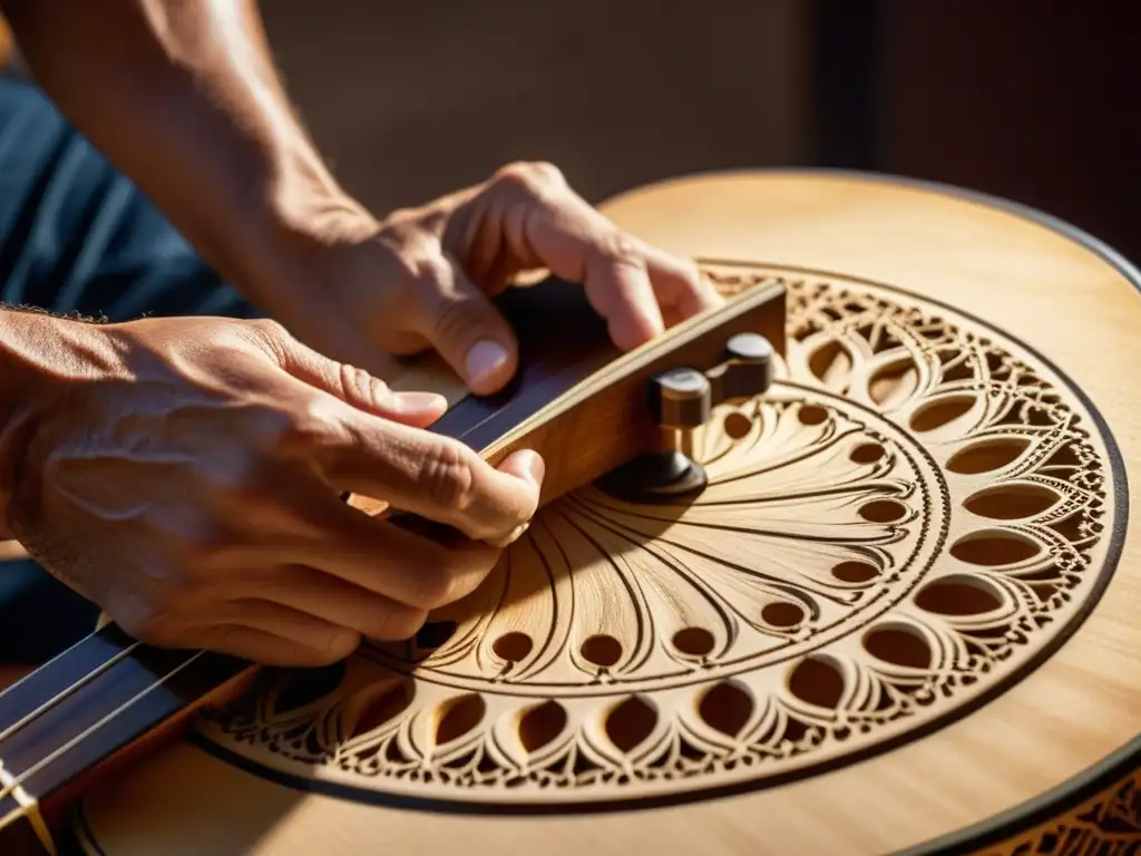 Un luthier experto talla intrincados patrones florales en una guitarra flamenca, iluminado por una cálida luz