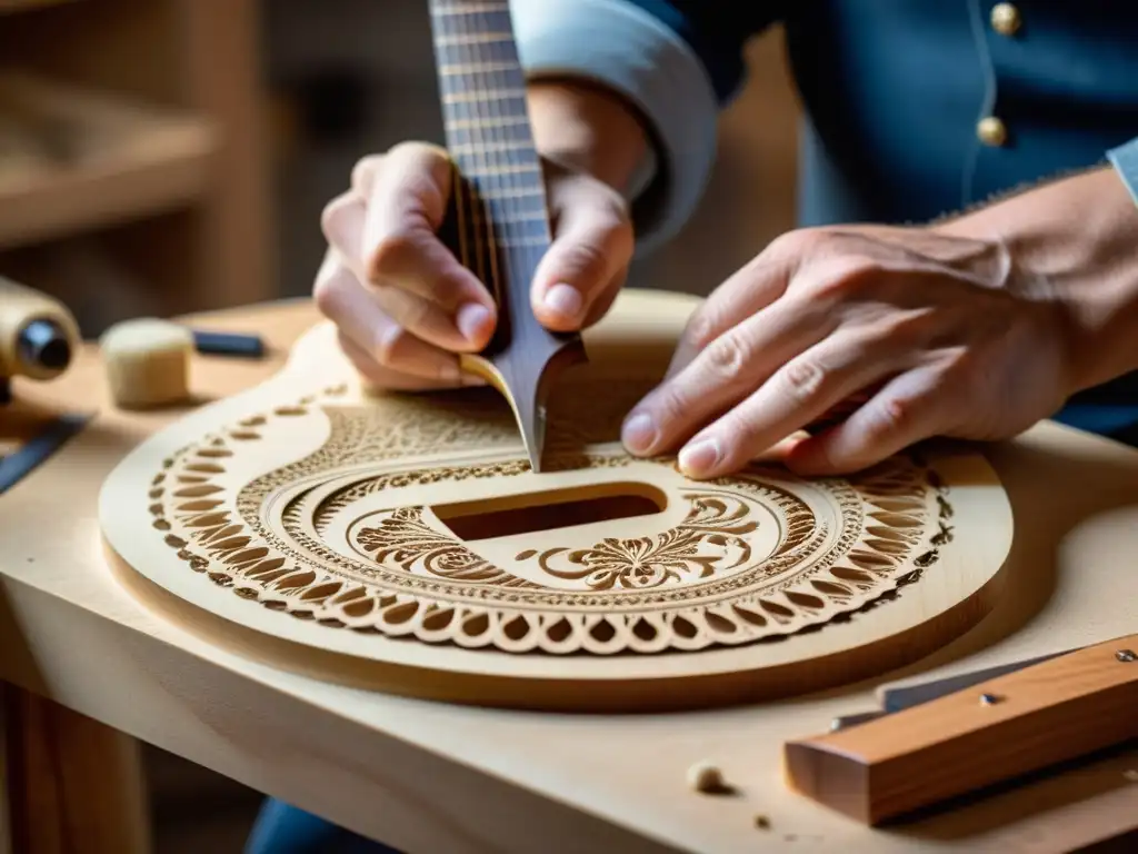 Un luthier experto talla intrincados diseños en una guitarra acústica, mostrando la identidad nacional a través de instrumentos musicales