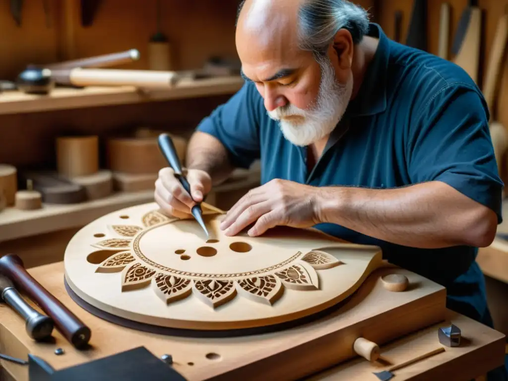 Un luthier experto talla intrincados diseños en el cuerpo de una hurdy gurdy, con concentración y herramientas dispersas