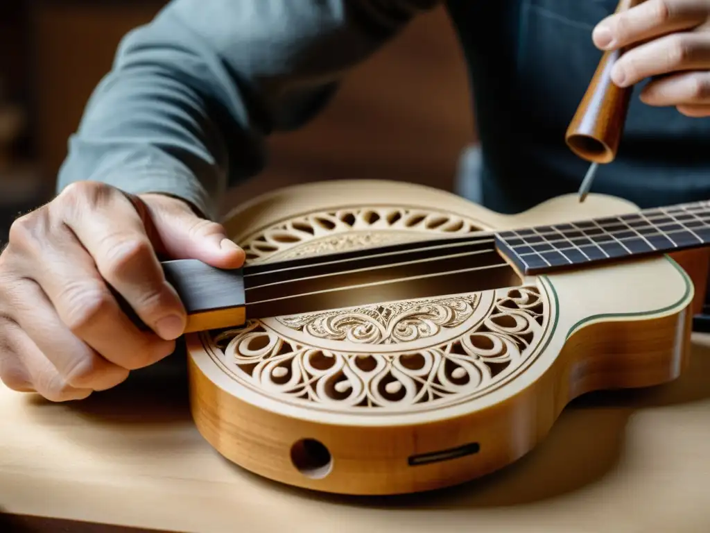 Un luthier experto talla intrincados diseños en una guitarra acústica tradicional, preservando el sonido de instrumentos con habilidad y dedicación