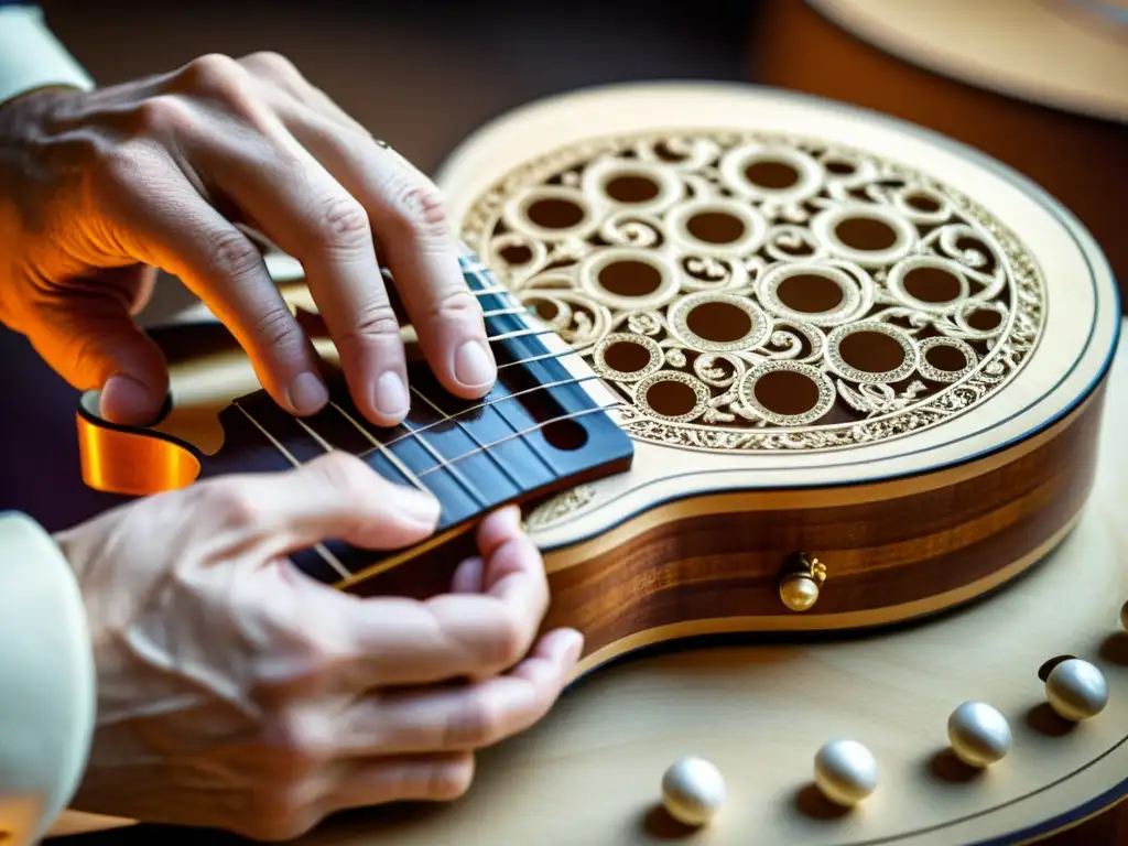 Un luthier experto talla intrincados diseños en una guitarra barroca, exudando historia y artesanía en la construcción del instrumento