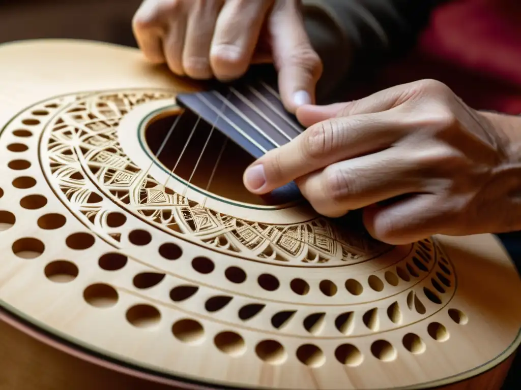 Un luthier experto talla intrincados diseños en una guitarra flamenca, mostrando la pasión y precisión en su construcción