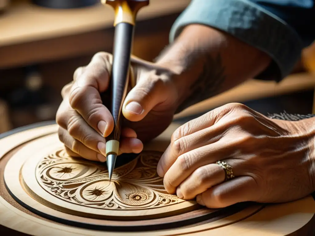 Un luthier experto talla intrincados diseños en la tapa de una guitarra acústica artesanal, fusionando tradición e innovación en la fabricación de instrumentos musicales con materiales alternativos