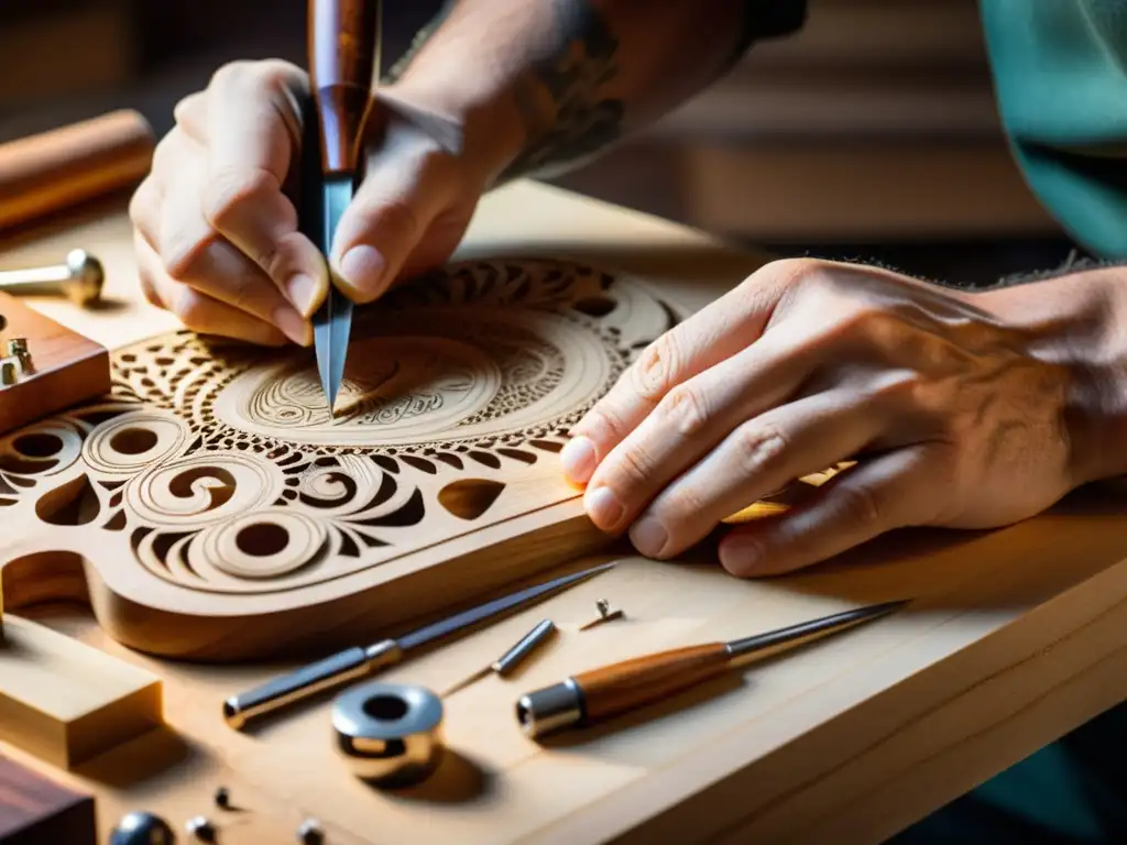 Un luthier experto talla con precisión en madera fina, rodeado de herramientas